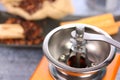 Hand coffee grinder for grinded roastde coffee beans for making coffee Royalty Free Stock Photo