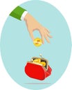 Hand with coin above purse. Concept of money accumulation. Vector Royalty Free Stock Photo