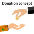 A hand with a coin donadion to the poor. The rich give poor alms.