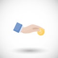 Hand with coin Donation charity flat vector icon