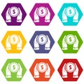 Hand coin icons set 9 vector