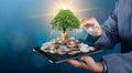 Hand Coin tree The tree grows on the pile. Saving money for the future. Investment Ideas and Business Growth background with bokeh Royalty Free Stock Photo