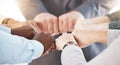 Hand, collaboration and motivation with the hands of a business team together in a huddle or circle. Teamwork, goal and Royalty Free Stock Photo