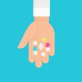 Hand with Colourful Medicine Pills. Flat Vector Illustration