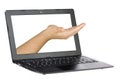 Hand Coming Out Computer Laptop Screen Isolated Royalty Free Stock Photo