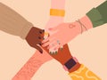 Hand community, support team together. Diverse people teamwork, work partnership, multicultural girls cooperate. Holding Royalty Free Stock Photo