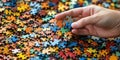 Hand Completes Colorful Jigsaw Puzzle, Adding Final Piece with Puzzle Concept Royalty Free Stock Photo