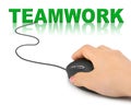 Hand with computer mouse and word Teamwork Royalty Free Stock Photo