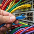 Hand connecting Ethernet cable to network switch Royalty Free Stock Photo