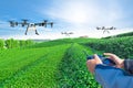 Hand control agriculture drone fly to sprayed fertilizer on the green tea fields, Smart farm 4.0 concept
