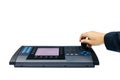 Hand on the control panel keyboard for monitor CCTV camera or pl Royalty Free Stock Photo