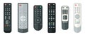 Hand control panels for electronic gadgets set. Black push button devices switching and programming TV and stereos