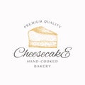 Hand-cooked Bakery Cheesecake Abstract Sign, Symbol or Logo Template. Hand Drawn Piece of Cake and Typography