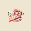 Hand-cooked Bakery Cheesecake Abstract Sign, Symbol or Logo Template. Hand Drawn Piece of Cake and Typography