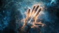 Hand with cosmic energy streams and particles against a dark, nebulous background