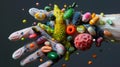 a hand covered in a variety of colorful, abstract representations of germs and bacteria Royalty Free Stock Photo