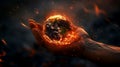 A hand cradles the Earth ablaze, embers flying, symbolizing environmental distress