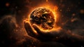 A hand cradles a glowing, fiery Earth against a dark, spark-filled backdrop, depicting a powerful cosmic scene.