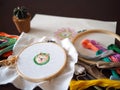 Hand craft embroidery art woman hobby shiba dog flower pattern handmade selected focus Royalty Free Stock Photo