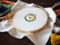 Hand craft embroidery art woman hobby shiba dog flower pattern handmade selected focus Royalty Free Stock Photo