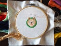 Hand craft embroidery art woman hobby shiba dog flower pattern handmade selected focus Royalty Free Stock Photo