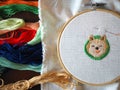 Hand craft embroidery art woman hobby shiba dog flower pattern handmade selected focus Royalty Free Stock Photo
