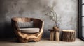 Hand-crafted barrel chair made from solid wood and stump coffee table near grunge stucco wall and window. Rustic style