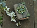 Hand crafted diary book and blooming tree branch on planks.