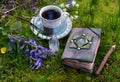 Hand crafted diary book with flowers, crystal and tea cup in the garden.