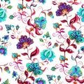 Hand crafted native motifs at light ground - seamless floral background with intricate flowers. Watercolor art Royalty Free Stock Photo