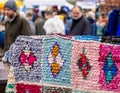 Hand crafted patterned tufted rug on sale at Frome Sunday Market, Somerset, UK