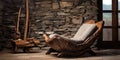 Hand-crafted unique lounge chair made from solid wood log near stone wall. Rustic interior design of modern living room