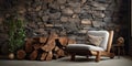 Hand-crafted unique lounge chair made from solid wood log near stone wall. Rustic interior design of modern living room