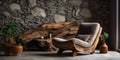 Hand-crafted unique lounge chair made from solid wood log near stone wall. Rustic interior design of modern living room