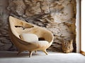 Hand-crafted unique lounge chair made from solid wood log near stone wall. Rustic interior design of modern living room. Created