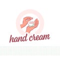 Hand cream emblem with human hands icon hold can, drop of of moisturizer concept isolated on white background.