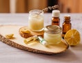 Hand cream and lip balm in a glass jar. Natural organic cosmetics with honey, wax and oils. Royalty Free Stock Photo