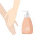 Hand Cream. Women's hands apply rotective or moistening cream, dispenser with inscription isolated on white background