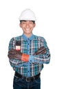 Hand cross of engineer holding paint brush wear Striped shirt blue and glove leather with white safety helmet plastic On the head Royalty Free Stock Photo