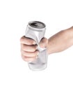 Hand with crumpled aluminum cans. Isolation on white background