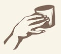 Hand with cup. Vector drawing