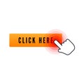 Hand cursor with animation of action over button with text click here on white background. Web icons element. Vector illustration