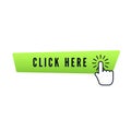 Hand cursor with animation of action over green button with text click here on white background. Web icons element. Vector