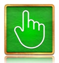 Hand cursor click icon chalk board green square button slate texture wooden frame concept isolated on white background with shadow Royalty Free Stock Photo