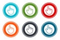 Hand cursor click icon flat vector illustration design round buttons collection 6 concept colorful frame simple circle set Royalty Free Stock Photo