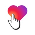 Hand cursor clicking on a heart shape. Heart with smooth color