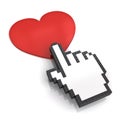 Hand cursor clicking love button or link on white background with shadow and reflection Royalty Free Stock Photo