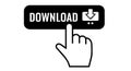 A hand cursor clicks on a download button with an arrow icon on a white background, symbolizing file transfer and online data Royalty Free Stock Photo