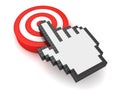 Hand cursor mouse computer clicking in the center of the red dart board or target