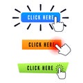 Hand cursor over button with text click here. Set of different buttons. Web icons element. Vector illustration isolated on white Royalty Free Stock Photo